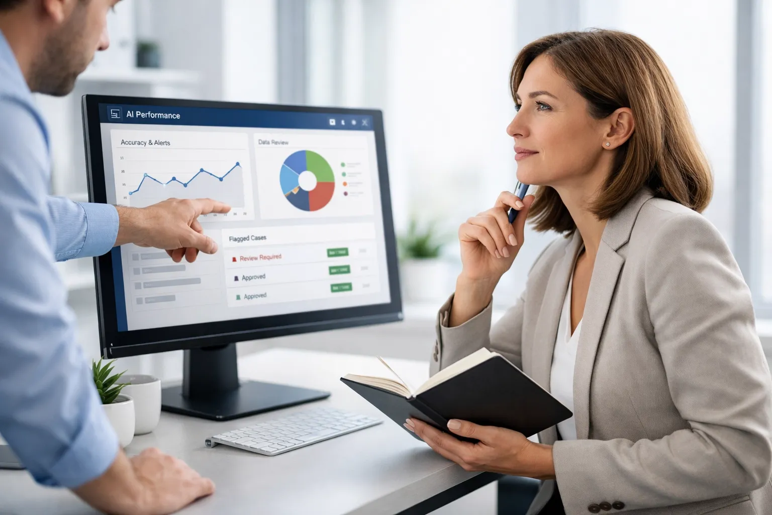 Business advisor reviewing an AI dashboard with a client