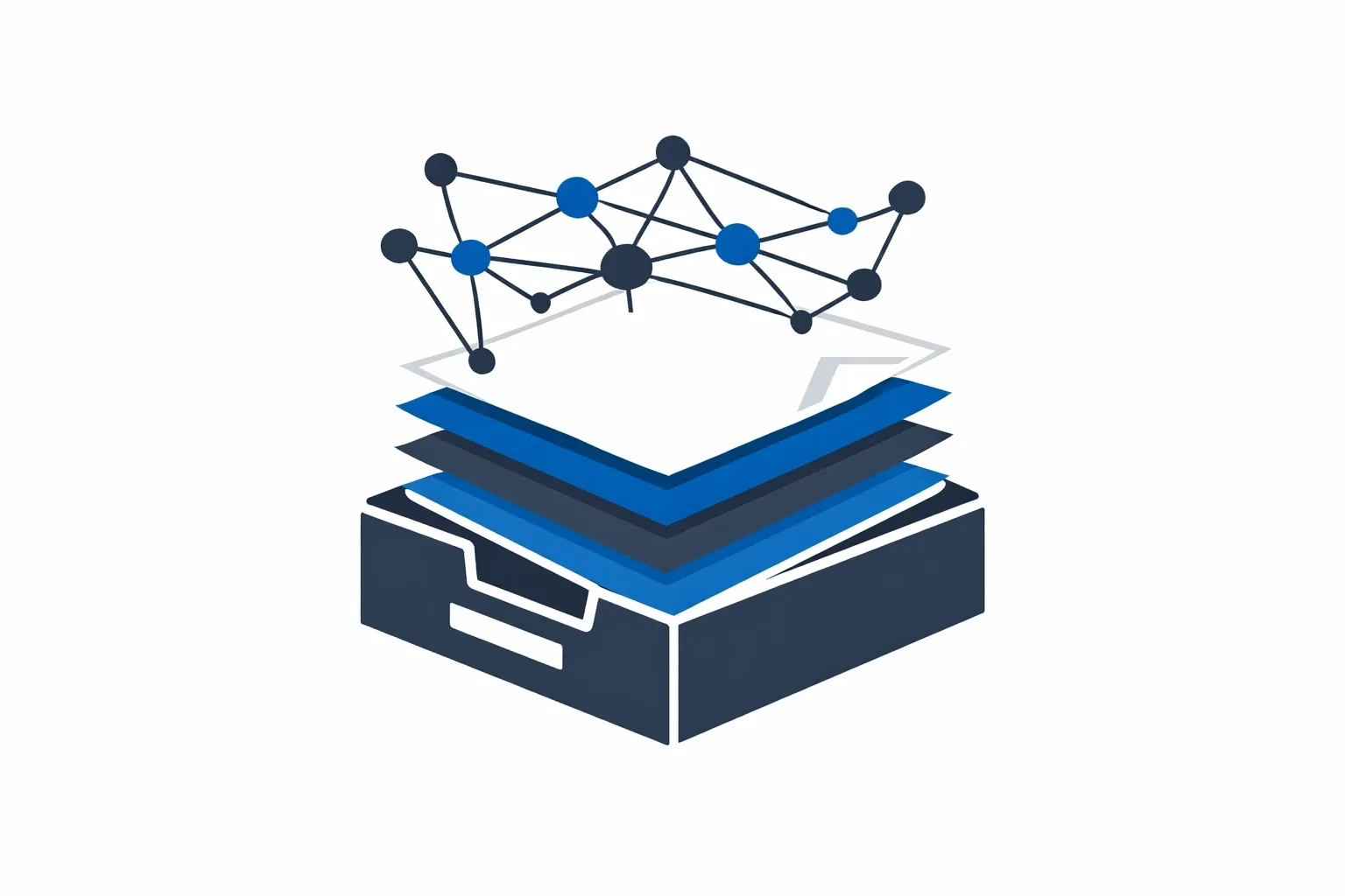 Minimalist vector of layered documents connected by a neural-like network, representing AI persistent memory and contextual workspaces